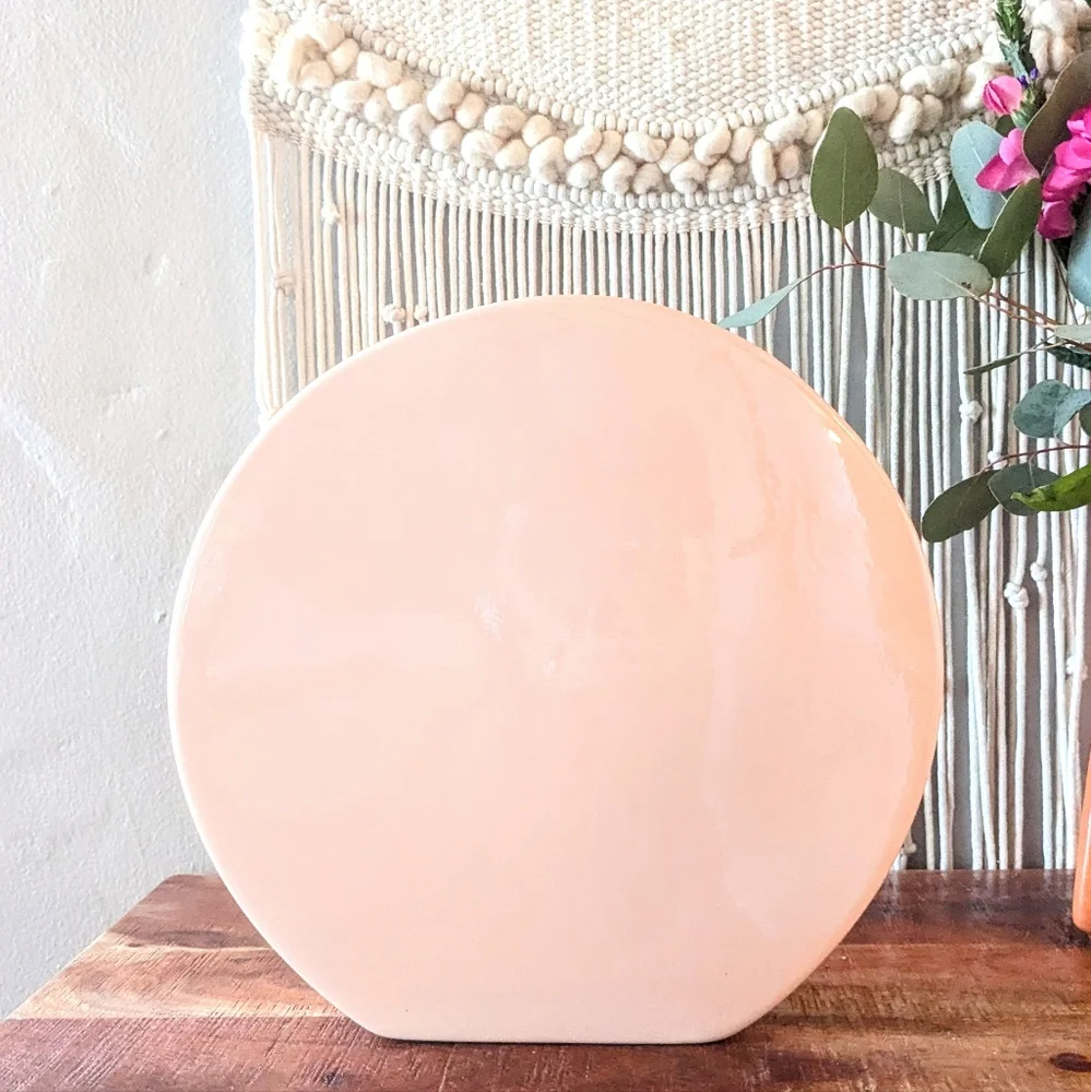 Vintage Ceramic Organic Modern Disc Coin Round Vase – 80s 90s – 10.5